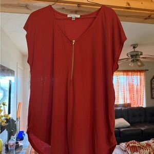 Green Envelope Red V-Neck Blouse with Zipper